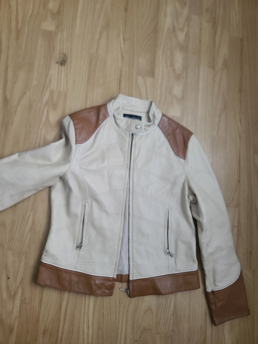 Cream and Brown Leather Moto Jacket
